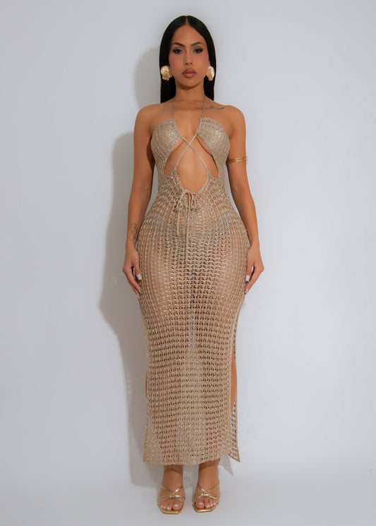 Absolutely Crochet Metallic Maxi Dress Gold